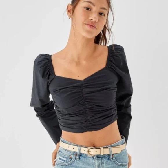 NWT American Eagle Ruched Front Long Sleeve Cropped Top dark gray sz Small - Picture 1 of 8
